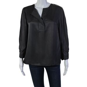 Uterque Womens V-Neck Half Buttoned Pleated Long Sleeve Blouse Gray Size M